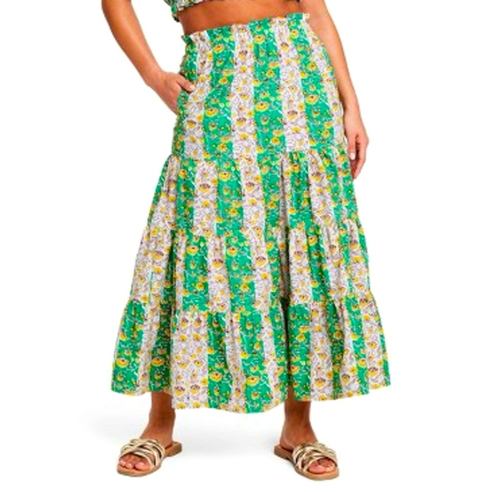 RHODE target Whimsical Green & Yellow Floral & Stripe Print Ruffled Midi Skirt